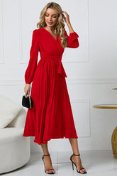 V-Neck Long Sleeve Tie Waist Midi Dress OutfitFlow